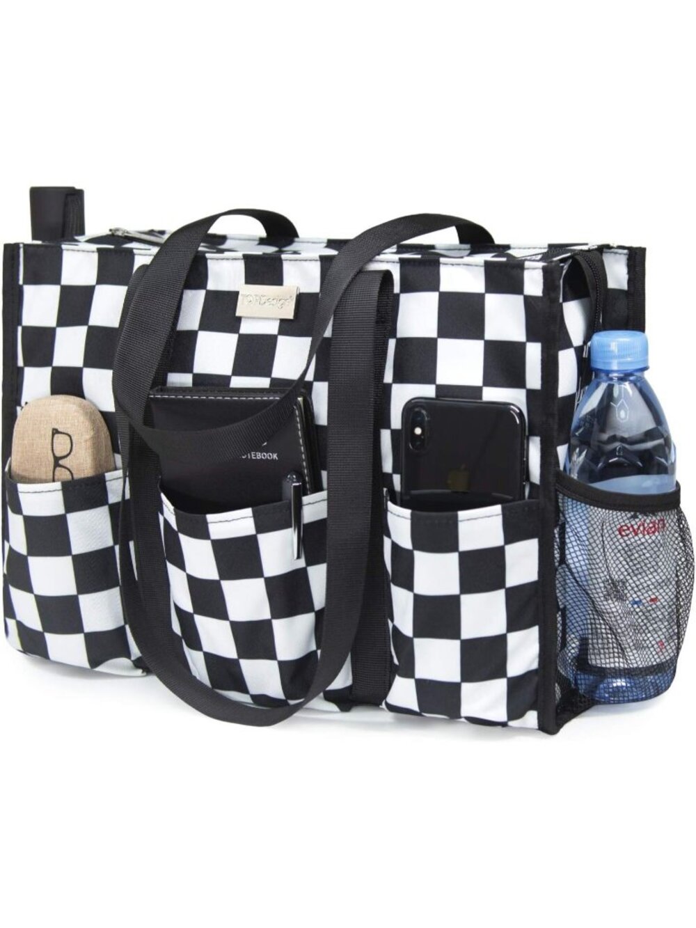 Women's White Black Polyester Utility Water Resistant Tote Bag with 13 Pockets